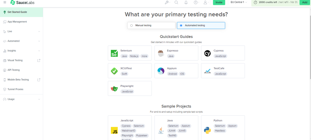 saucelab dashboard