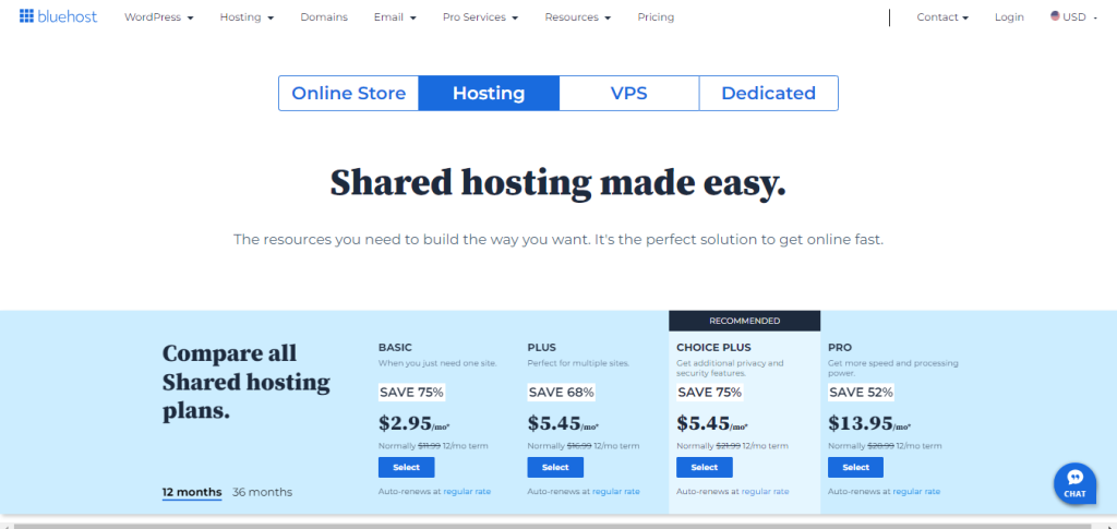 Bluehost pricing