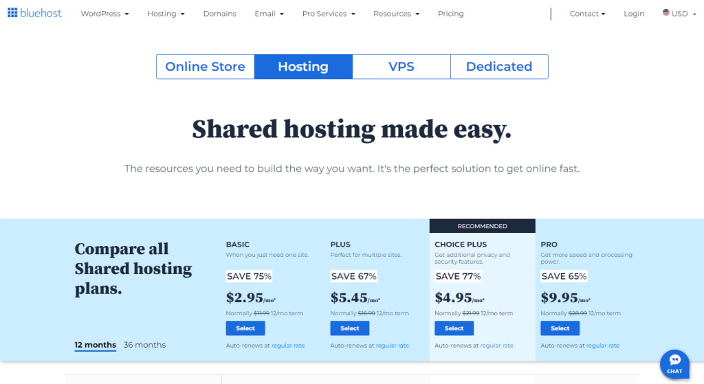 Bluehost pricing