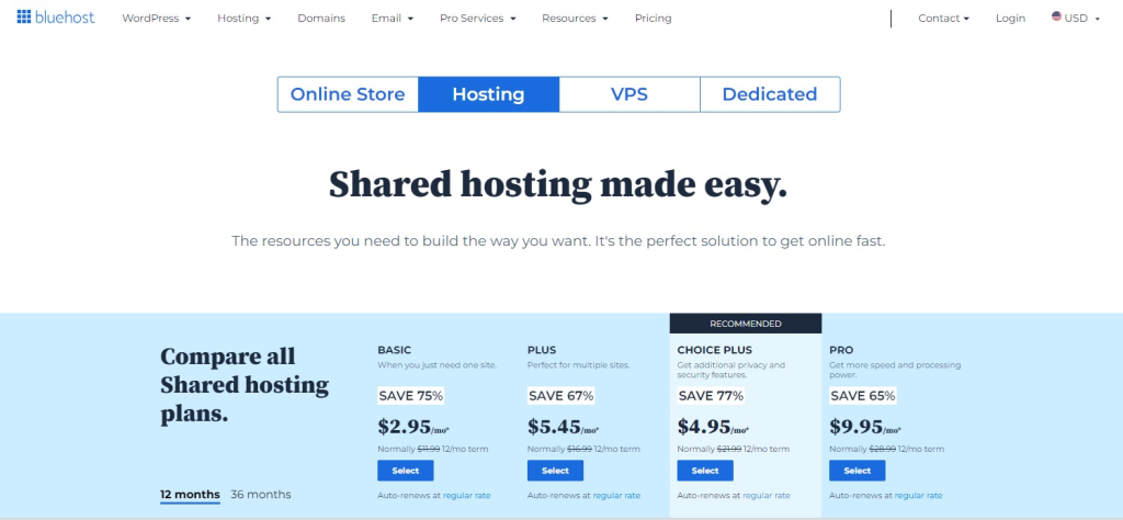 Bluehost pricing